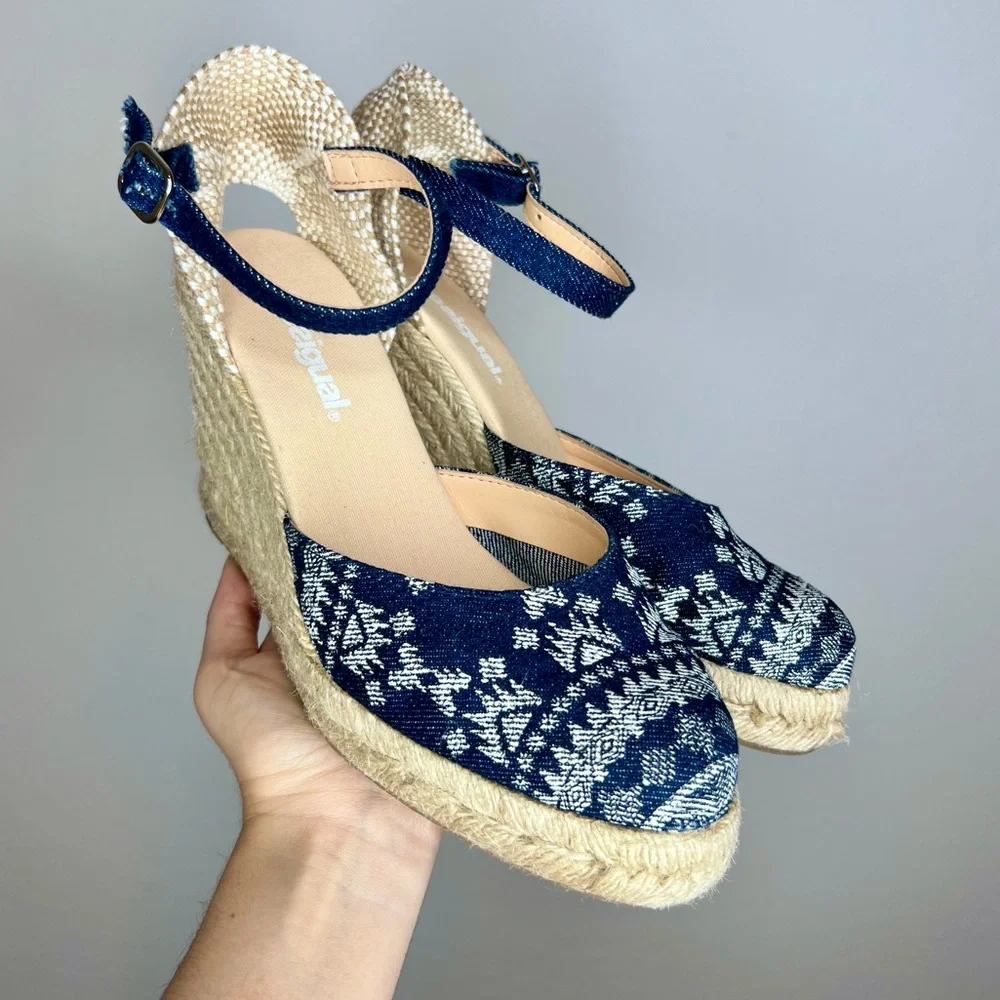 DESIGUAL 'Sabado'‎ Printed Denim Espadrille Wedges. Size 9
